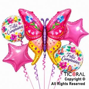 SET DE GLOBOS METALIZADO MARIPOSA CON FLORES FELIZ CUMPLEA�OS 5 UNIDADES